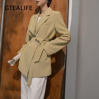 GTealife Orta Uzunlukta Takım Elbise Kore Versiyonu Sonbahar Basit Hong Kong Tarzı Çapraz Cebi Uzun kollu Dantel-up Blazers kadın kadın takım elbise