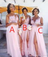 Lace Blush Pink 2021 Llegada Una línea Vestido de dama de honor Joya Apliques de Tullusion Illusion Sweetheart Zipper Chiffon Split Split Duración de los vestidos
