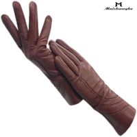 Five Fingers Gloves Winter Ladies Wrist Fashion Sheepskin Light Brown Warm Genuine Leather Driving Motorcycle Riding Cold Finger G