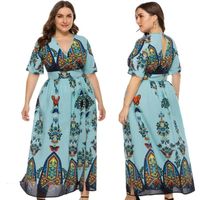 Платья плюс размеры 2021 Европейский и американский стиль V-образный вырез, Printed Bohemia Summer для женщин