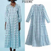 Blue Women&#039;s Summer Long Dress Vintage Print Semi Sheer Sleeve Woman Dresses Ruffle Loose Casual 210519