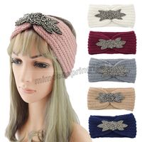 Six- Leaf Crystal Beaded Knitted Headband Winter Crochet Head...