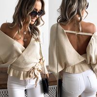 Suéter das Mulheres Harajuku 2021 Inverno Roupa Mulheres Camisola Batwing Sleeve Pulôver Deep V Neck Unsless Wrap Tops Sexy Pull Femme