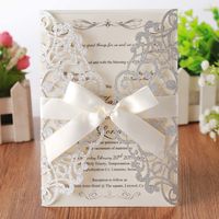 50PCS Laser Cut Lace Flora Glitter Wedding Invitation Cards with Ribbon and Envelopes for Bridal Baby Shower Engagement Printed Birthday Party Invitations