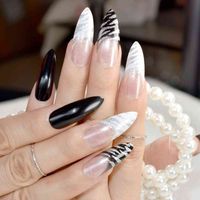 Extra Long Pointed Pre-designed Nails Black White Zebra Bent Press On Long French Nails Including Glue Sticker