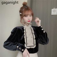 Gaganight Zarif Kadınlar Katı Gömlek Chic Ruffles Uzun Kollu Bluzlar Sonbahar Kış Kore Ofis Bayan Vintage Siyah Blusas 210619