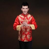 Mężczyźni Czerwony Tradycyjny Chiński Oblubienica Kostium Kostium Ślubny Casual Soft Cheongsam Exquisite Dring Dragon Tangzhuang Kurtka Odzież Etniczna