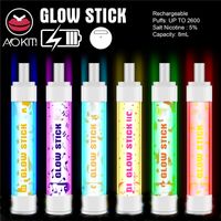 Authentic Aokit Glow Stick E-Cigarettes Jetables Device de Pod Kit RGB Light 2600 Puffs Batterie rechargeable 8 ml Prérigé Vape Pen original vs bar Plus