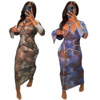 Robes décontractées Zoctuo Caftan pour femmes Imprimer Long Flare Sleeve Robe Maxi Creux Sexy Bormon Slim Fashion Automne Vêtements Vestidios