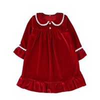 Klasik Kırmızı Noel Kadife Gecikme Çocuklar Uzun Kollu Kalın Pijama Bebek Kızları Fırfır Gece Elbisesi 220225
