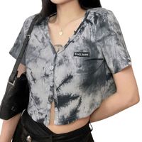 T-shirt das mulheres 2021 verão moda laço tintura colheita de tintura, sexy v pescoço manga curta magro encaixe t-shirt de malha, cinza