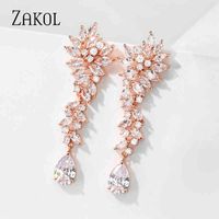 ZAKOL Luxury Cluster Leaf Zirconia Crystal Women Long Dangle Drop Earrings with Silver Color Teardrop for Bridal Wedding Jewelry