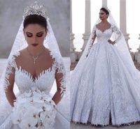 Luxuoso vestido de bola árabe frisado mangas compridas vestidos de casamento lace tulle 3d apliques lantejoulas equipadas vestidos de noiva justos plus size cph085