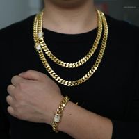 Earrings & Necklace Gold Filled Rock Hip Hop Men Boy Jewelry Wide Cuban Link Chain Micro Pave Cz Clasp High Quality Cool Miami Bracelet Set