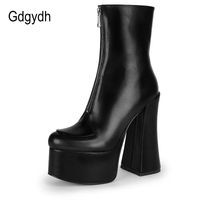 Boots Gdgydh Квадратный каблук Женская лодыжка платформа черные кожаные экстремальные каблуки обувь для вечеринок ночной клуб модель передняя молния