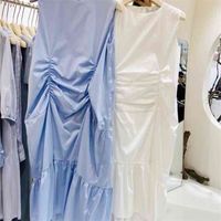Koreansk chic sommar casual o nacke ärmlös pläterad sjöjungfru klänning kvinnor lösa blå tank klänningar enkel solid vit vestido 210429