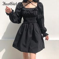 InsGirl Sweet Cute Dark Black Goth Dress Women Square Collar Hollow Out Lacing Long Sleeve High Waist Pleated Party Female Casual Dresses