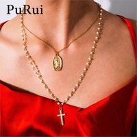 Multi Layer Kreuz Anhänger Halskette Gold Farbe Jungfrau Maria Kette Frauen Perlen Christian Katholische Schmuckketten