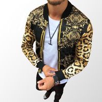 Zipper Coat Jacket Slim Fit Leopard Drukuj Bombowiec Kurtka Okrągły Neck Casual Kurtki Mężczyźni Znosić