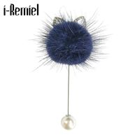 Pins, Brooches I-Remiel Fashion Women's Coat Corsage Long Needle Brooch Cute Mink Hair Ball Ear Boutonniere Jewelry Ladies Accessorie