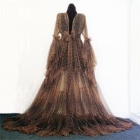 여성용 잠옷 Leopard Night Gown Ruched 시폰 긴 소매 신부 가운을 사용하여 활 주문 제작 된 드레싱 잠옷 빠른