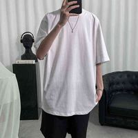 Pamuk erkek kısa kollu beyaz katı renk t-shirt rahat boy yuvarlak boyun temel yaz erkek harajuku hip hop üst G220312