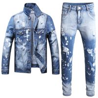 Blue Tracksuits разорванные лунки мужские 2 шт. Устанавливает новый контрастный цвет дизайн осенью зима тонкий подходит джинсовая куртка + джинсы конъюнтов де домор