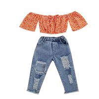 Pudcoco 2 SZTUK 9m-5T Summer Strój Orange Floral Print Off-the-Ramię Krótki Rękaw Top + Ripped Jeans Garnitury Toddler Girl Sets Odzież