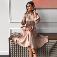 Günlük Elbiseler Kadınlar Vintage Sashes Saten A-line Elbise Fener Kol O Boyun Katı Zarif Parti 2021 Yaz OL Moda
