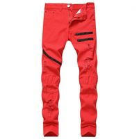 Мужские джинсы 2021 мужчины укладываются разорванные мужские молнии зимние джинсовые прямые брюки ноги Slim Fit Boyfriend Streetwear белые красные черные штаны