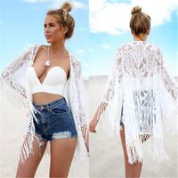 Damskie Bluzki Koszule Lato Kobiety Biały Koronki Tassel Crochet Bikini Cover Up Beach Top Kaftan Caidigan Swimsuit Sukienka