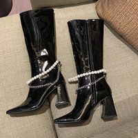 Bottes Femmes Femmes Mode Cuir High-Hight Highsies Mesdames Sexy genou Chaussures Haute Chaussures Femme Automne Hiver Perles Perles Zip Femme Chaussures 2021