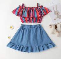 Sets Kids Baby Girls Verano Off Hombro Tops Ruchados T-Striped Camisetas Sólidas Faldas Niños Niños Ropa de moda