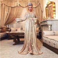 Champagne Gold A-Line Caftan Marocain Manches longues Robes de soirée Formelle Dentelle Appliquée Perlée Moyen-Orient Abendkleider Femmes Musulman Musulman Femmes Femmes Prom