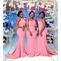 Aso ebi rosa enkla eleganta sjöjungfrun brudtärna klänningar en axel satin långa kvinnor bröllop party klänningar plus storlek anpassade gjorda