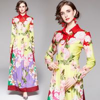 Uzun Kollu Retro Çiçek Elbise Kadın 2021 Lüks Tasarımcı Resort Parti Sevimli Ince Pileli Maxi Elbiseler Sonbahar Kış Ofis Zarif Pist Yüksek Sokak Gömlek Frock