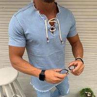 Erkek Casual Gömlek Gömlek Patchwork V Yaka Kısa Kollu Erkek Giyim Trend Slim Fit Dantel-Up Etnik Rüzgar Üst Tees