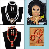 Ohrringe Halskette Schmuck Sets echt für Bräute Nigerianer Hochzeit Afrikanische Korallen Set Gold Dubai Party Perlen CNR319 C18122701 Drop Lieferung