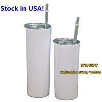 USA Stocks! Sublimation 15oz STRAIGHT Skinny Tumblers with Plastic Lid Straw Stainless Steel Double Wall Insulated Vacuum Blanks White Water Bottles Coffee Mugs DIY