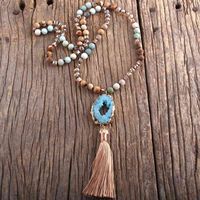 Fashion Boho Jewelry Women Gift Natural Stone and beads Tassel Necklace Irregular Druzy Drop Pendant Necklace