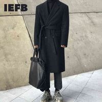 IEFB erkek kış orta uzun Kore trendi kalınlaşmış sıcak yün ceket kruvaze gevşek iş tarzı moda rüzgarlık 211213