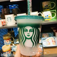 Starbucks 16oz / 473 ملليلتر أكواب بلاستيكية بهلوان قابلة لإعادة الاستخدام واضح شرب مسطحة أسفل أكواب عمود شكل غطاء القش بارديان 100 قطع