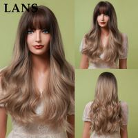 LANS Long Curly Wavy Synthetic Hair Wigs with Bangs for Wome...