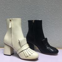 Lüks Tasarımcı Bayan Ayak Bileği Çizmeler En Kaliteli Moda Püskül Bootie Klasik Düğme Hakiki Deri Ayakkabı 7.5 cm Tıknaz Topuk Kadın Ayakkabı Boyutu 35-42