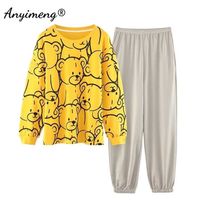 Bonito pijama de urso conjunto para jovem senhora calças de manga comprida em volta do outono e inverno adorável lazer sleepwear menina 211215