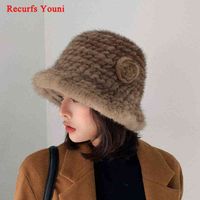 Donne inverno reale visone cappello pelliccia femminile coreano giapponese dolce bacino tappi mujer caldo streetwear flowers maglia pescatore bonnet w220222