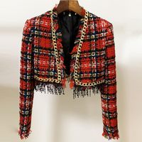 Giacche da donna Red Roosarosee Top Quality Primavera Autunno 2022 Designer Donne Manica lunga Plaid Catena Paillettes Tweed Tweed Short OverCoat Outwear Co
