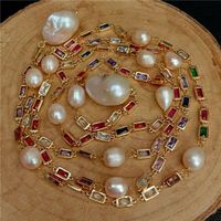 Chaînes habitants 50 pouces Rose Culture Keshi Perle Couleur mixte Rectangle CZ Pave Long Chain Collier Bijoux pour femmes