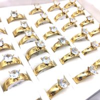 Atacado 36pcs / lote feminino anel de prata ouro aço inoxidável zircão pedra moda jóias anéis de casamento casamento presentes