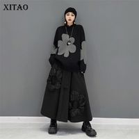 Xitao Automne Robe Ensembles Fashion Casual Fleurs en vrac Motif Couleur O-Cou Top Top Black Jupe et Femmes GWJ1055 211216